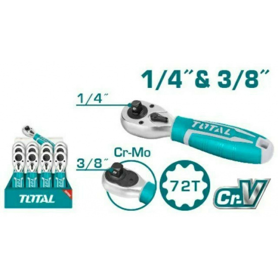 Большое фото товара - Ключ трещоточный двусторонний короткий, 1/4"Dr & 3/8"Dr 72T/ Материал: Cr-V + Cr-MoTOTAL, THT1061438. Вариант №1