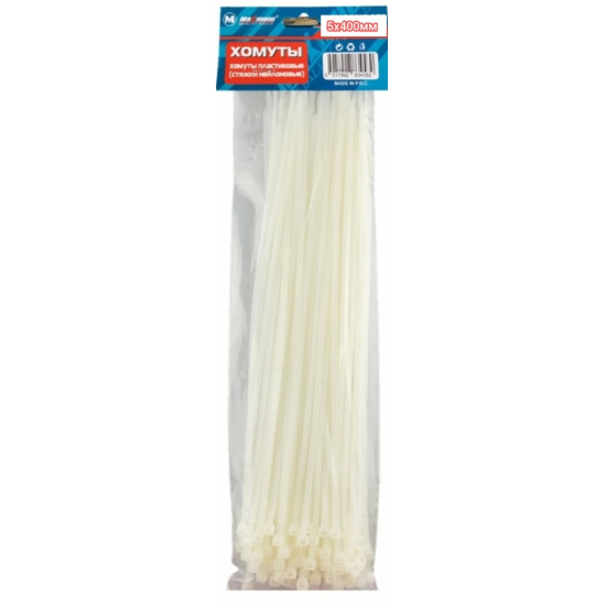 Большое фото товара - Стяжки пластиковые, 5,0х400 мм, белые, упаковка 100 шт., 3283. Вариант №1